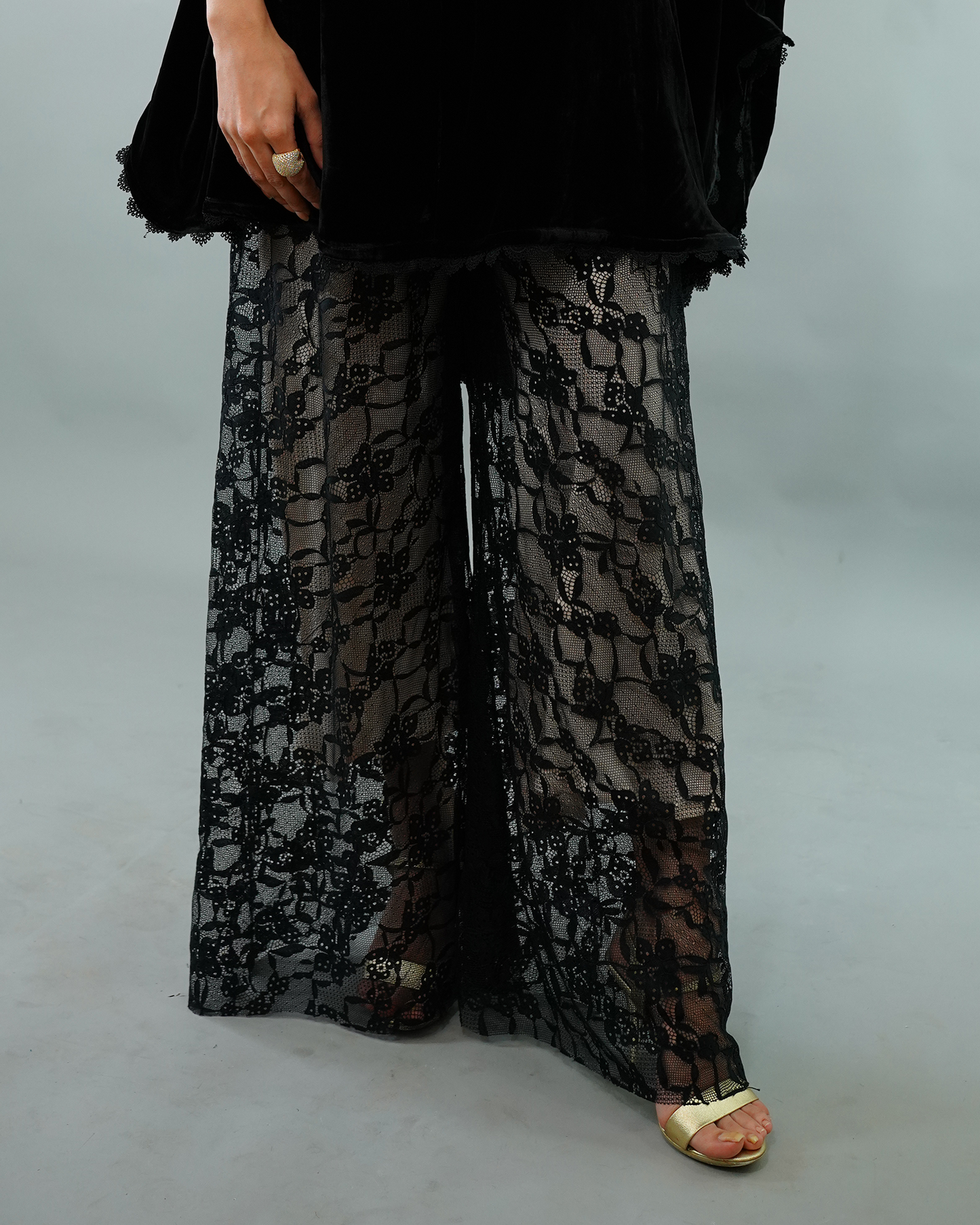 Lace Flared Pants Black Beige