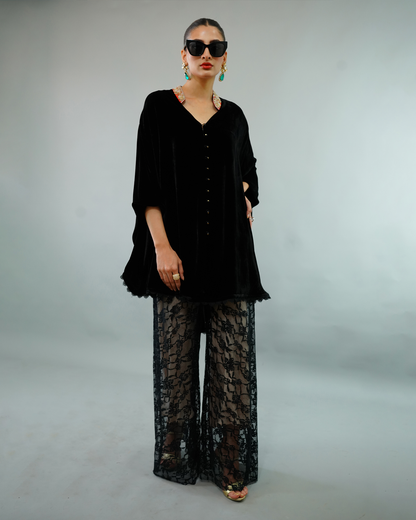 Lace Flared Pants Black Beige