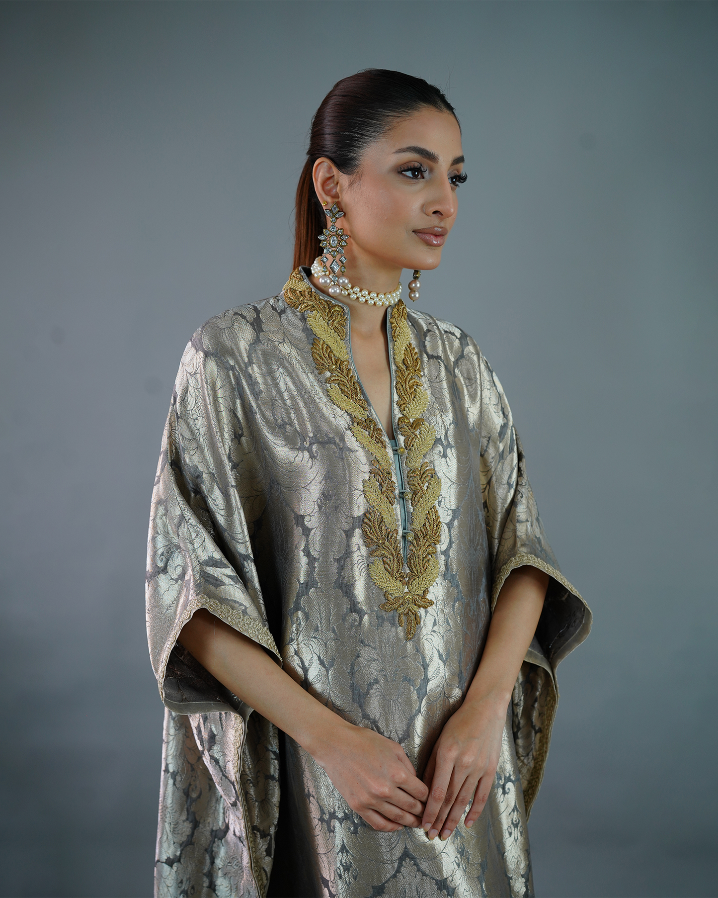 Silk Brocade Kaftan Grey