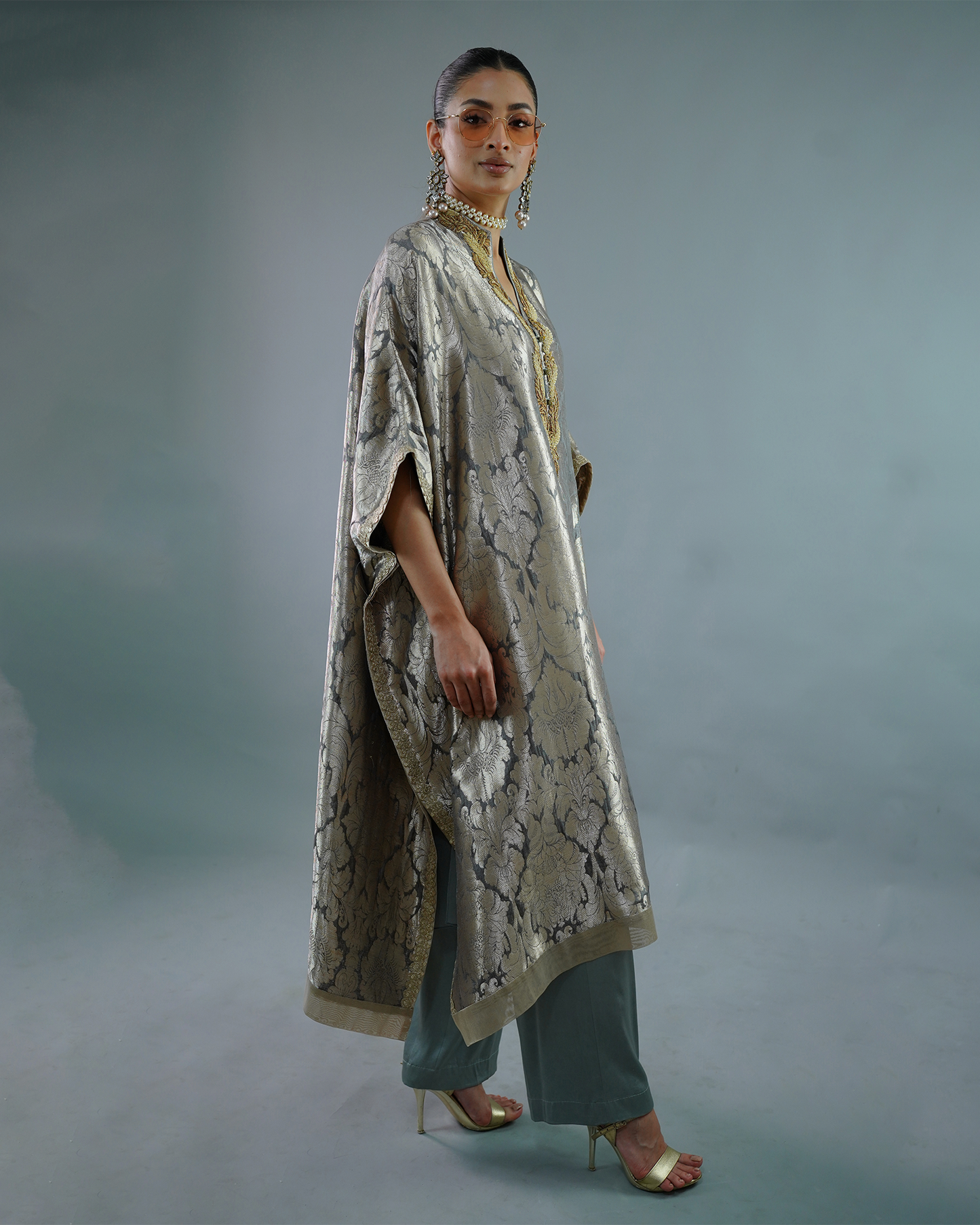 Silk Brocade Kaftan Grey