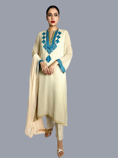 Beige & Turquoise 3Pcs Suit