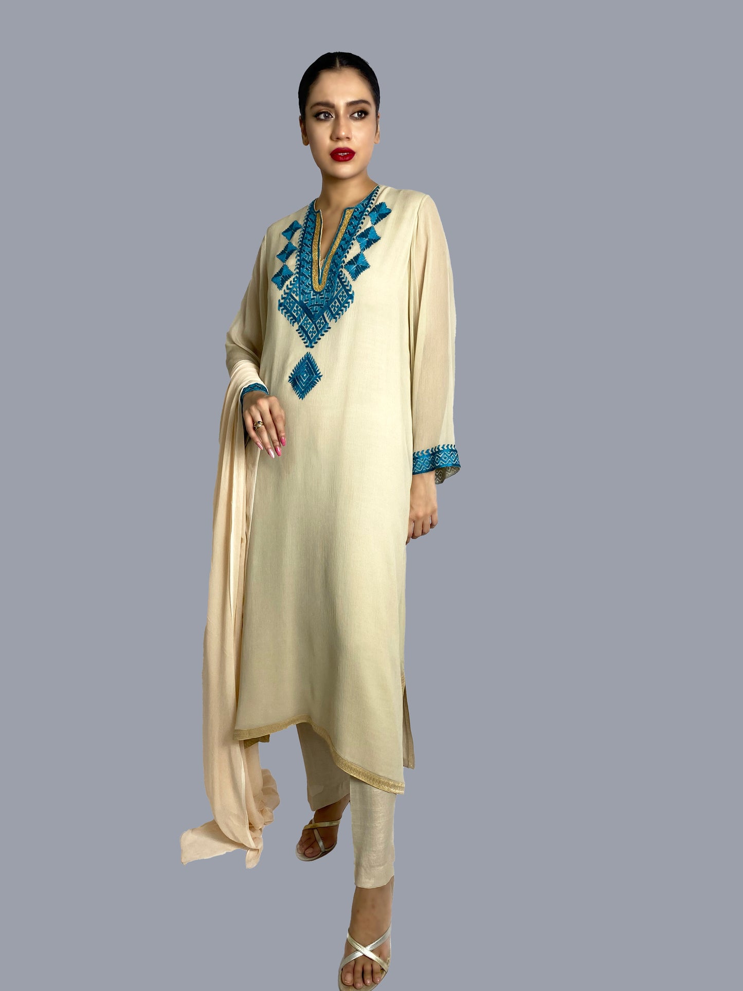 Beige & Turquoise 3Pcs Suit