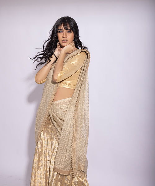 V Neck Gold Stretch Sari Blouse